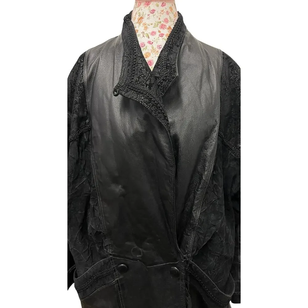 🖤 Wilsons Leather XL Black Long Coat Trench Vintage Luxe Goth Minimalist - Picture 2 of 4